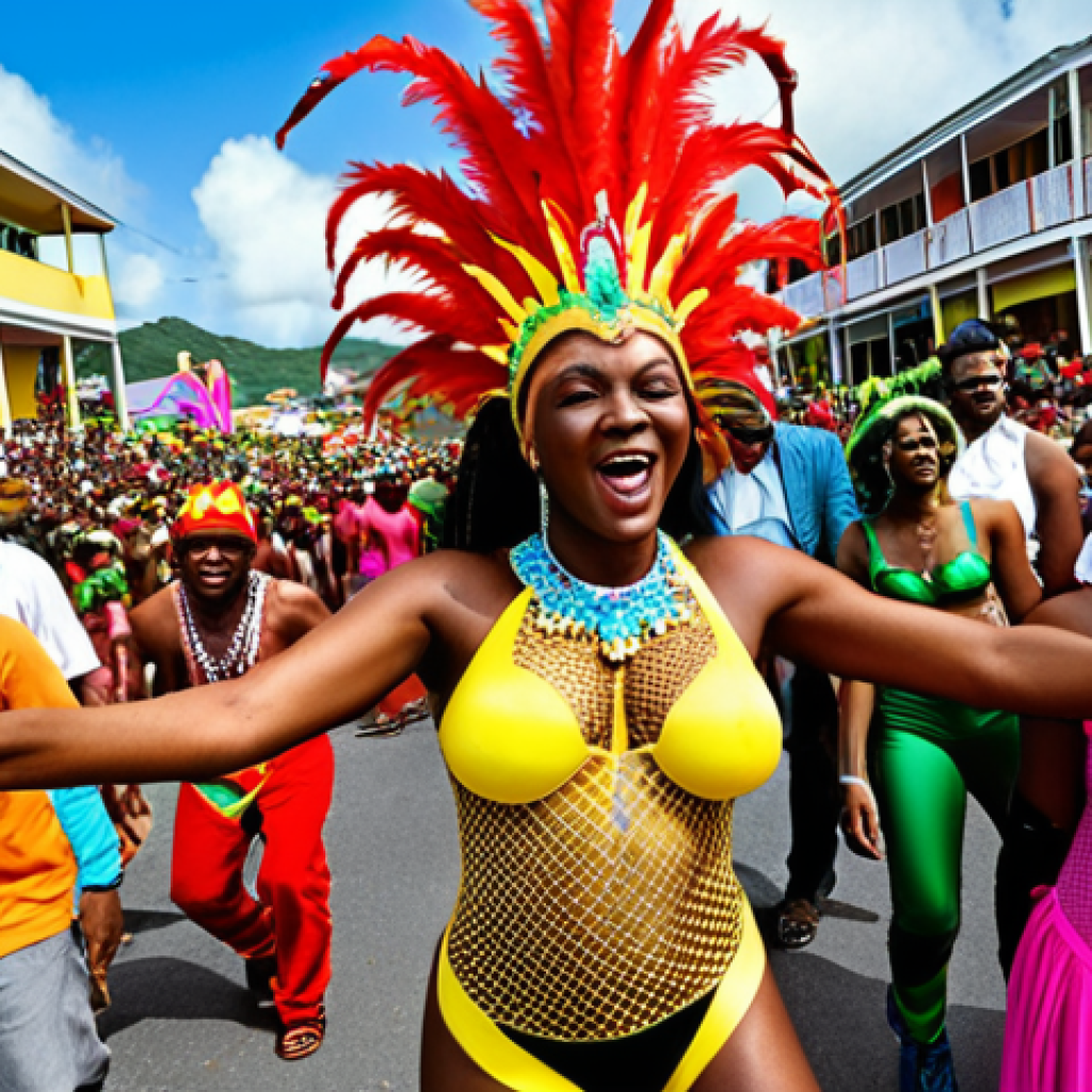 **Vincy Mas Carnival Scene:** Vibrant, colorful costumes and dancing crowds at Vincy Mas carnival in St. Vincent and the Grenadines. Capture the energy and joy of the Soca music and J'ouvert celebration.
