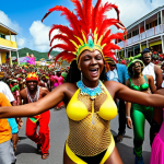 **Vincy Mas Carnival Scene:** Vibrant, colorful costumes and dancing crowds at Vincy Mas carnival in St. Vincent and the Grenadines. Capture the energy and joy of the Soca music and J'ouvert celebration.