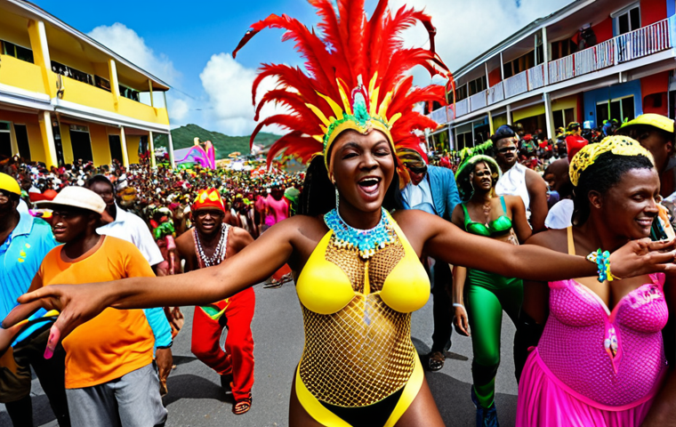 **Vincy Mas Carnival Scene:** Vibrant, colorful costumes and dancing crowds at Vincy Mas carnival in St. Vincent and the Grenadines. Capture the energy and joy of the Soca music and J'ouvert celebration.