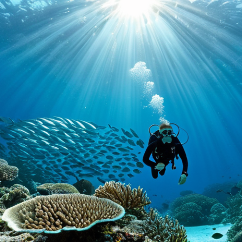 Home 11 **
"A vibrant underwater scene at Bequia, Saint Vincent and the Grenadines, featuring a school of shimmering silver fish surrounding a scuba diver, fully clothed in appropriate diving gear, coral reefs in the background, clear blue water, sunlight filtering through the surface, safe for work, perfect anatomy, natural proportions, professional underwater photography, high quality, appropriate content, modest."
**