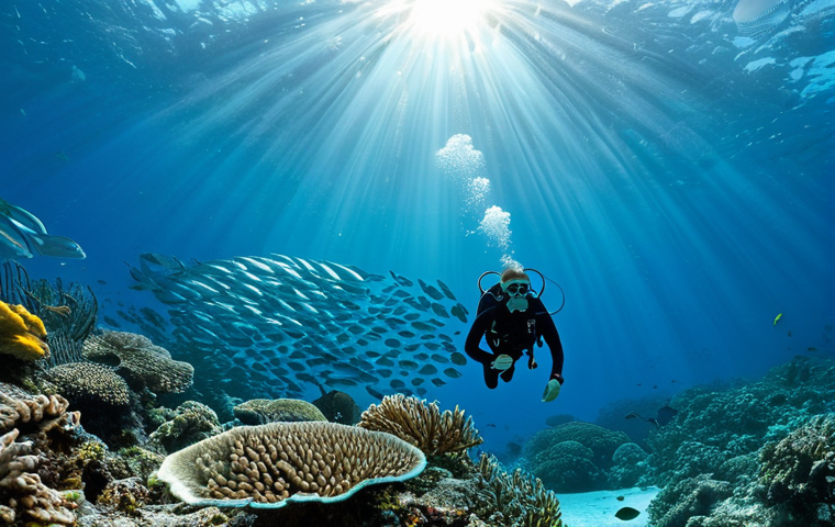 **
"A vibrant underwater scene at Bequia, Saint Vincent and the Grenadines, featuring a school of shimmering silver fish surrounding a scuba diver, fully clothed in appropriate diving gear, coral reefs in the background, clear blue water, sunlight filtering through the surface, safe for work, perfect anatomy, natural proportions, professional underwater photography, high quality, appropriate content, modest."
**